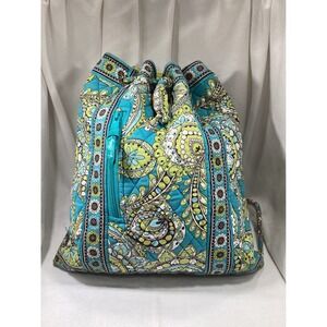 Vera Bradley Quilted Drawstring Backpack Bag Turquoise Paisley